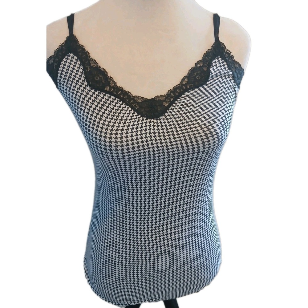 Express Vintage Black/White Houndstooth Lace Trim Tank Y2K Sz S